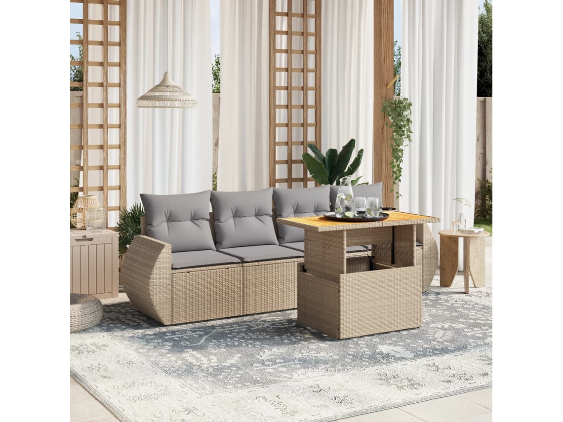 Conjunto de sofá de jardín de 5 piezas con cojines, mimbre sintético beige, Dkd Home Decor