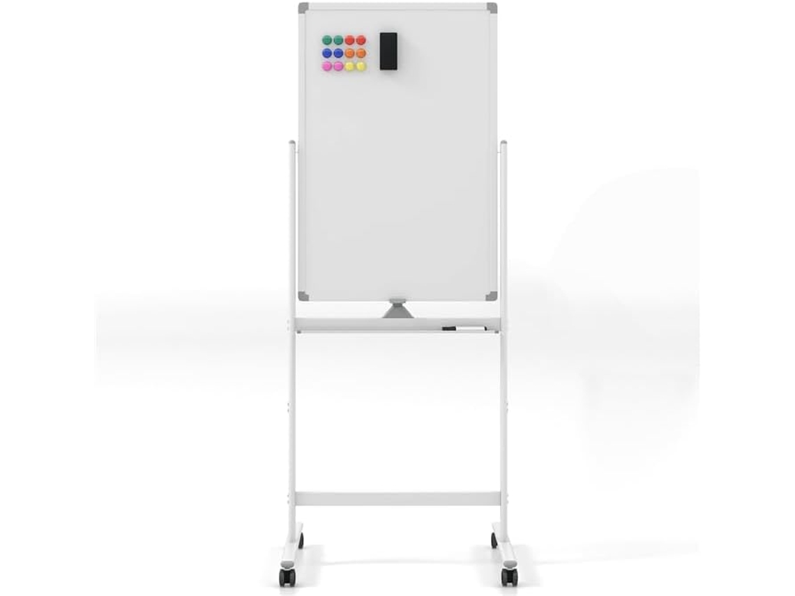 Pizarra Móvil Magnética en Seco 120 x 90 cm, Doble Cara, con Soporte sobre Ruedas Bloqueables, Giro de 360 °, Altura Ajustable, Pizarra Blanca COSTWAY