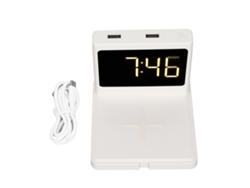 Carregador Sem Fio 3 Em 1 Relógio Despertador Digital Com Botão Soneca Para Celular Tablet Mini Ventilador Branco