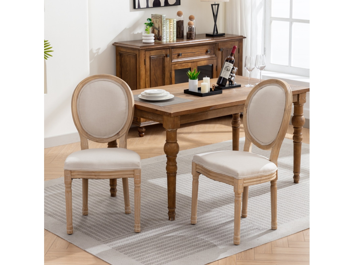 Juego De 2 Sillas De Comedor Francesas, Madera Maciza, Lino Beige.