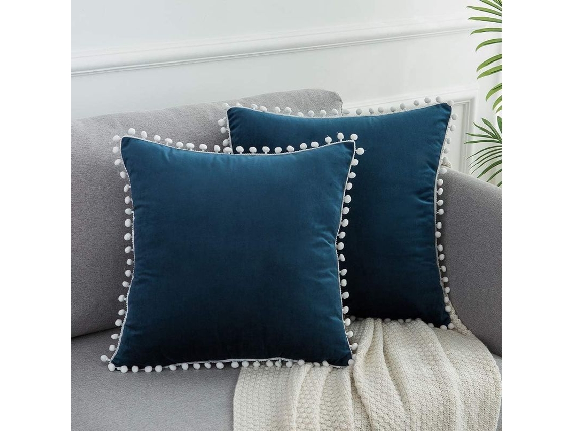 Rebe-funda Almohada Navideña Azul Oscuro 18x18 Pulgadas Set 2 Terciopelo Suave Con Pompones Decorativos Para Sofa Hogar