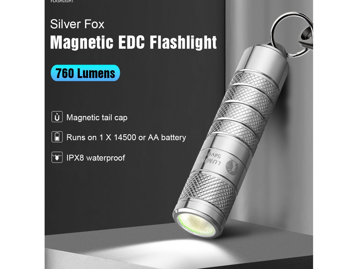 Linterna llavero LED EDC Titanium-Lumintop Silver Fox 2.0 con 760 lúmenes, batería de carga USB-C 14500, mini linterna con cola magnética.