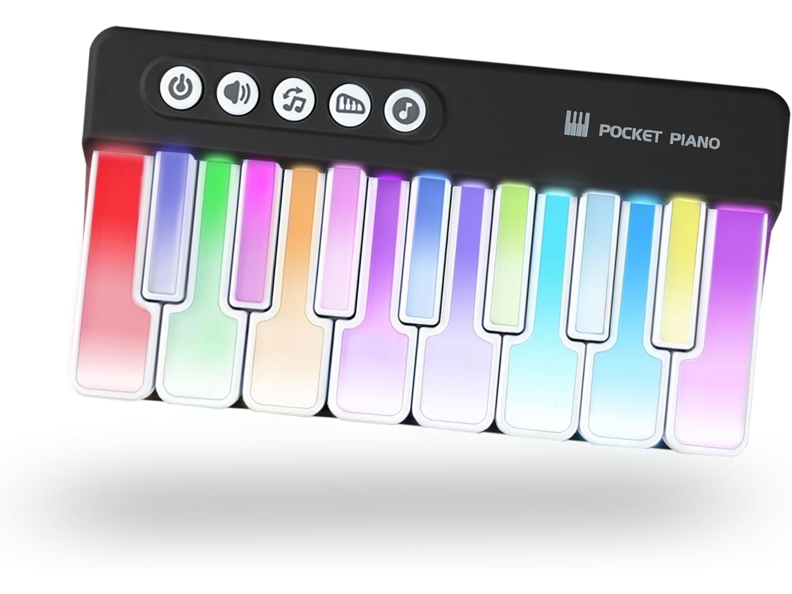 Mini piano de juguete Eifson con teclado, piano de bolsillo portátil con luces para niños pequeños (negro)