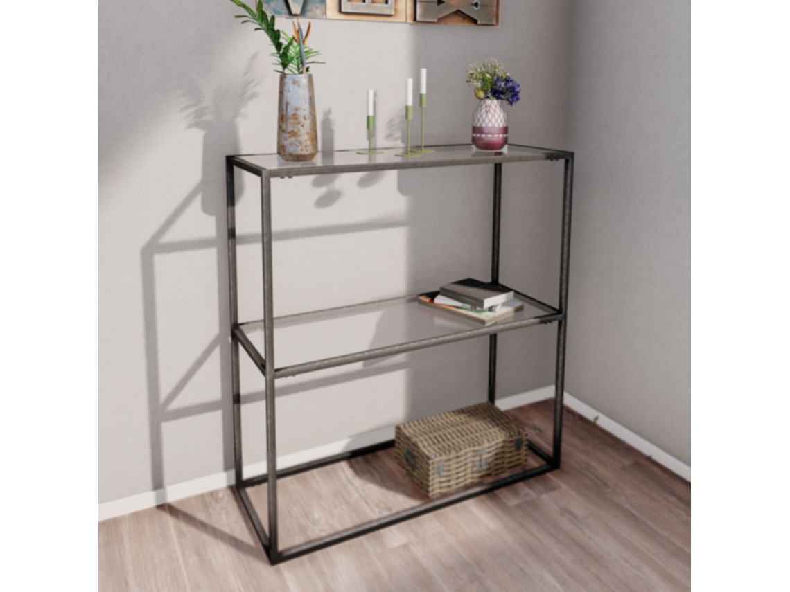 Mesa consola Konnevesi con estante metaly y cristal templado 85 x 80 x 30 cm Negro mate y Transparente [EN.CASA]