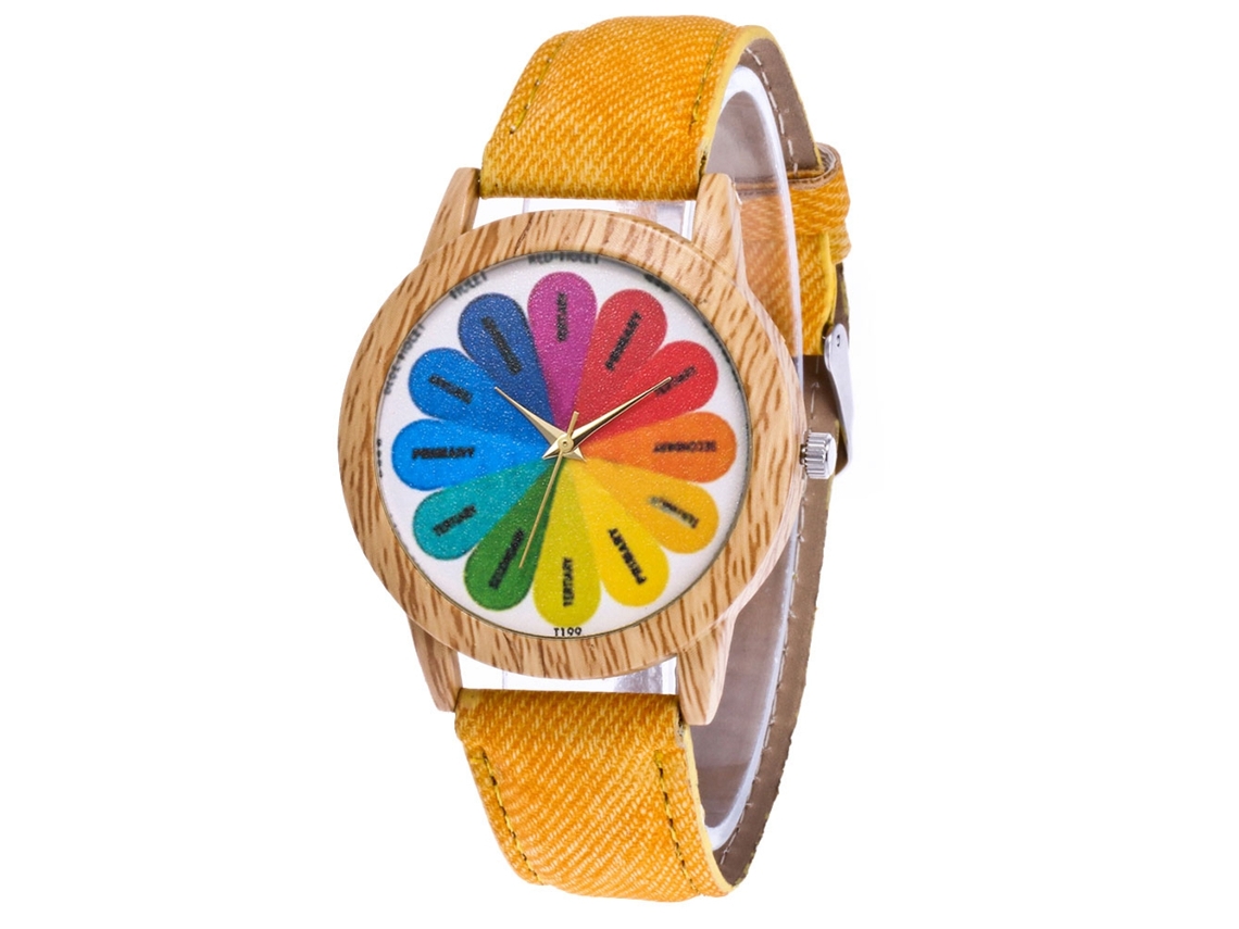 Reloj De Pulsera Unisex Zhoulianfa, Diseño Arcoíris, Correa De Cuero Amarilla.
