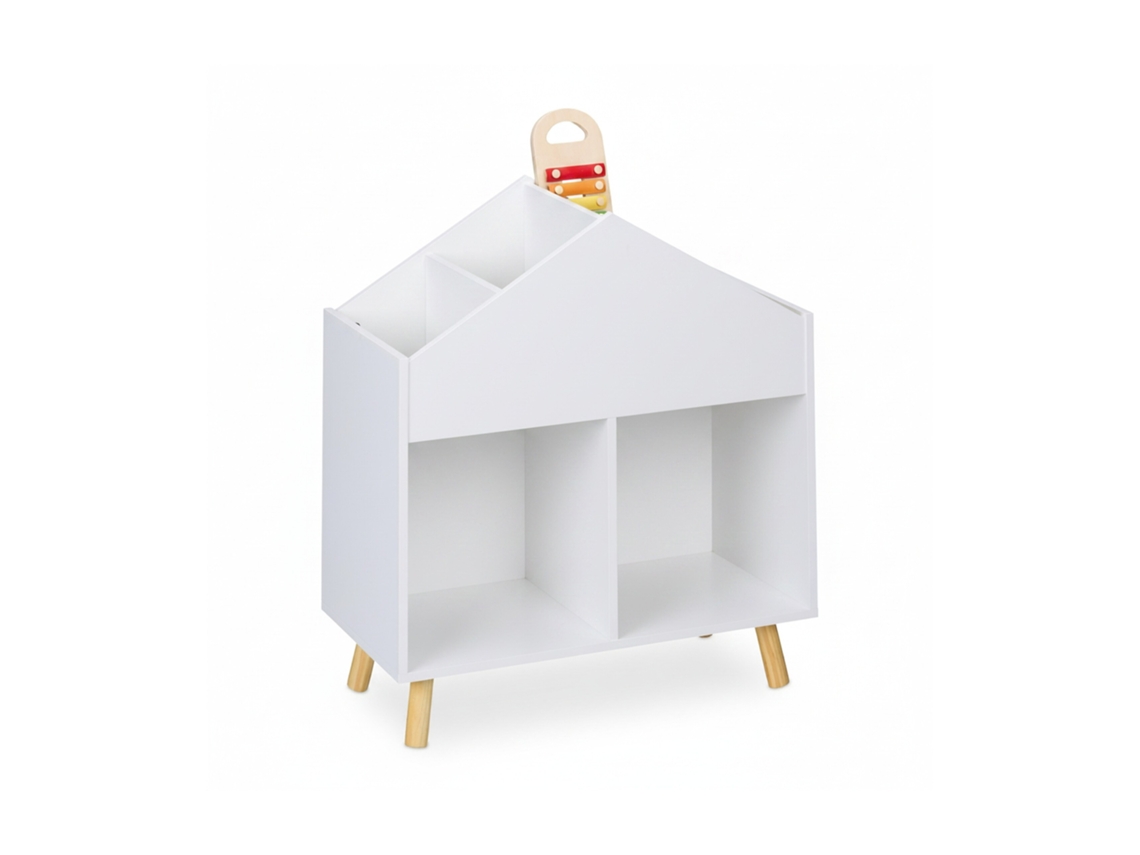 Relaxdays Estantería Infantil Casa, 67x60x30cm, Librería Niños 6 Estantes, Patas Madera, Mueble Juguetes, Blanco/natural