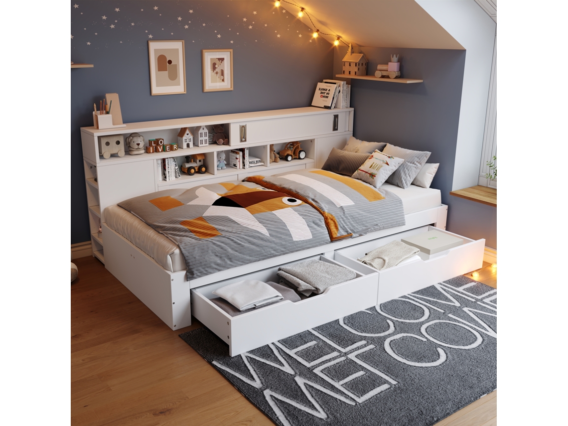 Sofá Cama Infantil De 90x200 Cm Con Cajones, Librería, Armario Y Cómoda, Color Blanco.