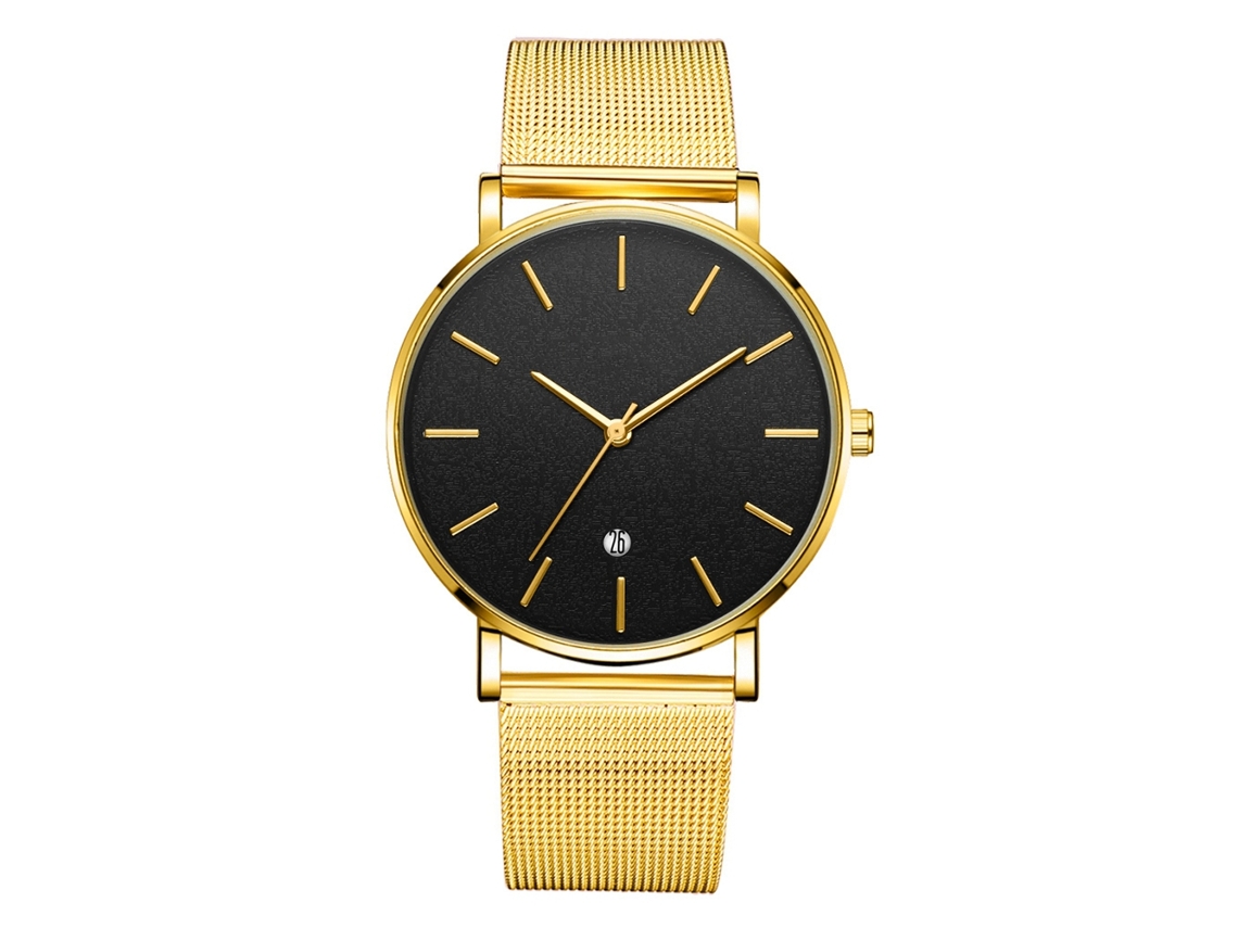 Reloj De Pulsera Analógica De Cuarzo Con Dial Redondo De Moda (cinta Oro, Caja Oro, Espejo Negro, Agujas Doradas)