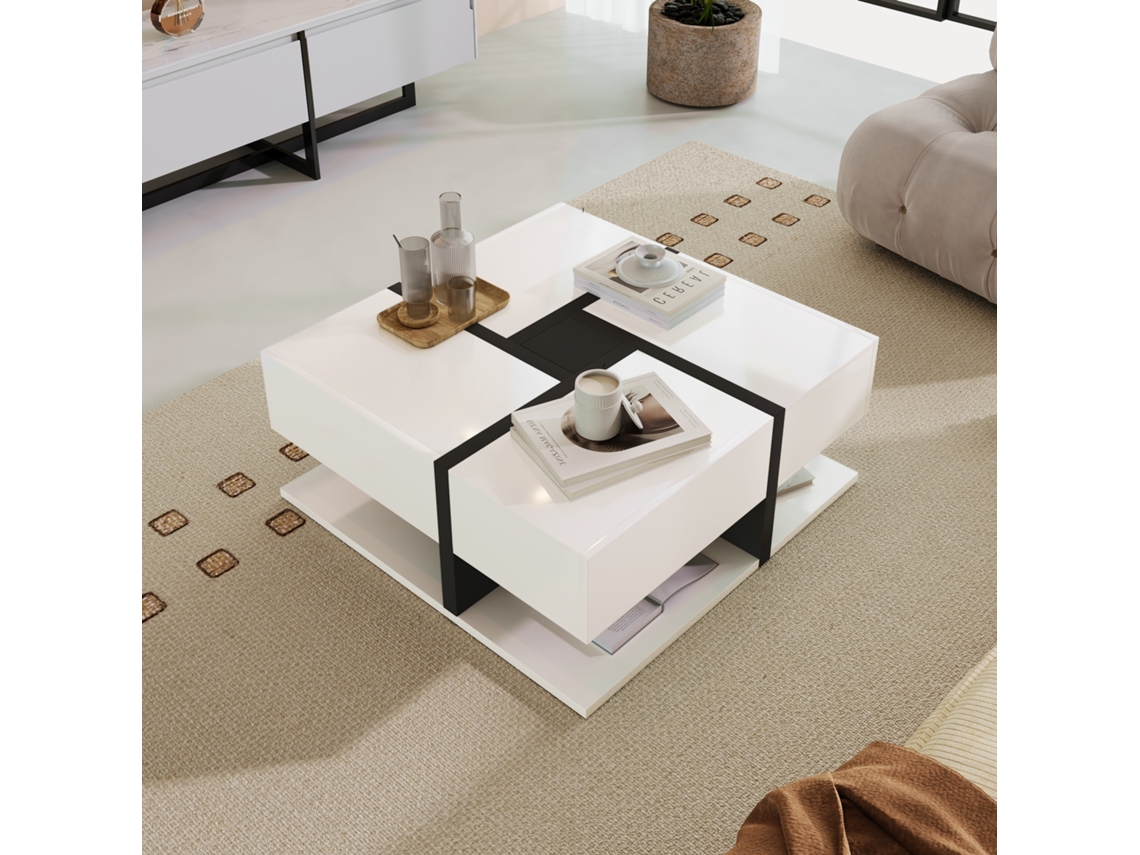 Mesa Centro Alto Brillo 4 Cajones 78x78x36 Almacenamiento Diseño Moderno Salón