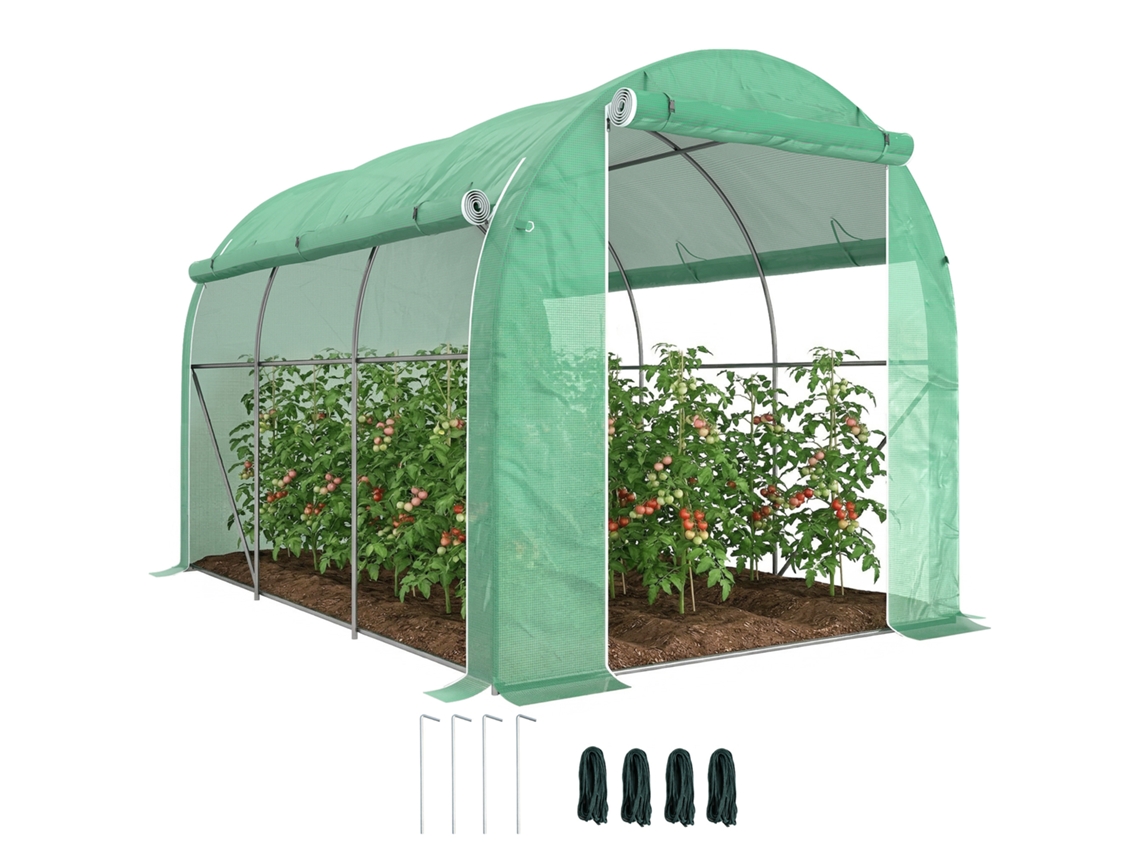 Estufa Tipo Túnel 296x196x200 Cm Estufa De Jardim Com 3 Portas E 6 Janelas Enroláveis Teto Curvo Para Cultivo Verde