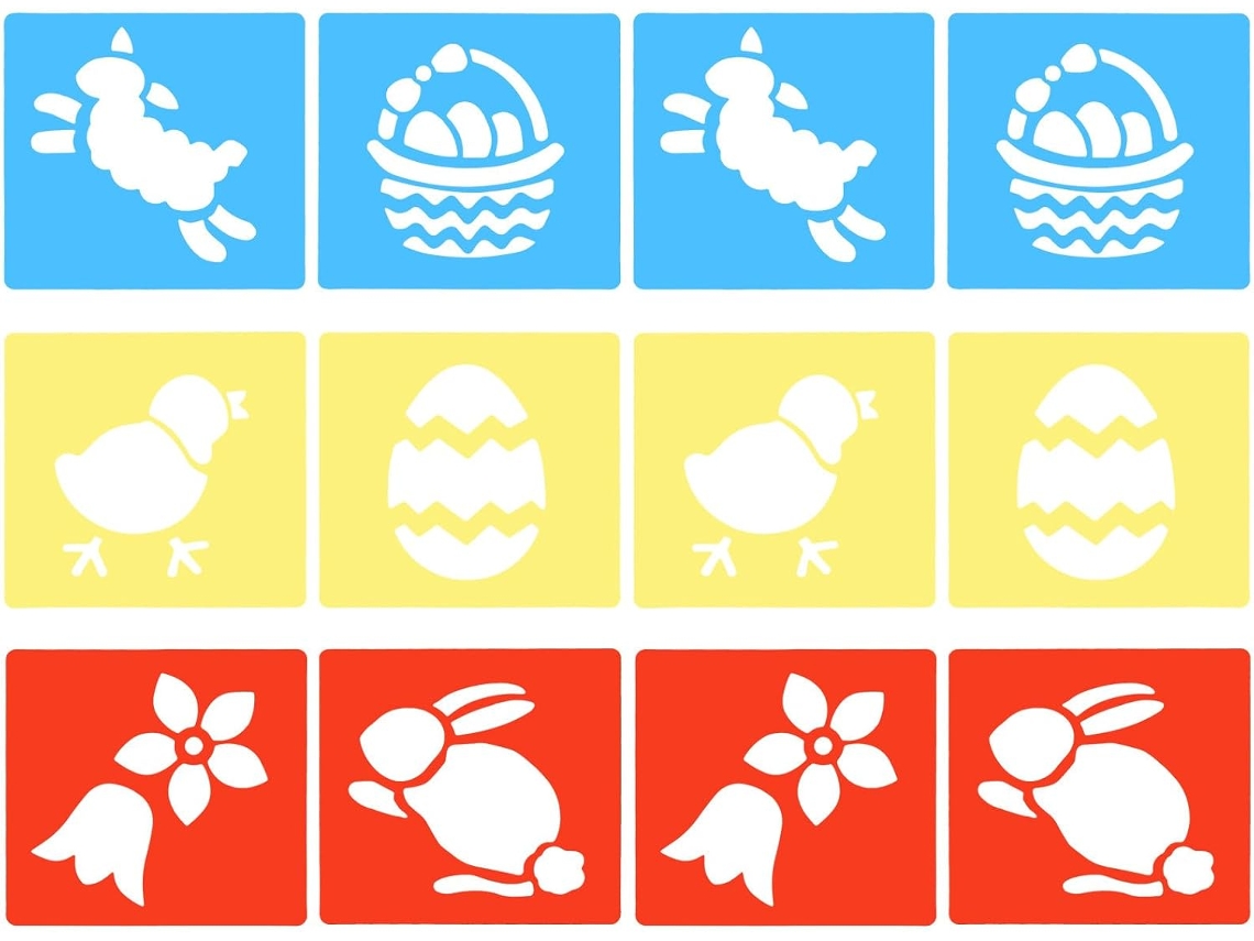 12 Plantillas Para Pintar, Con Motivos De Conejitos De Pascua, Huevos, Pollitos Y Campanas.