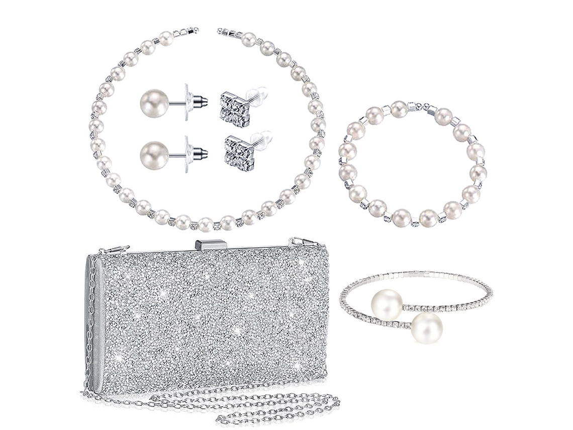 Conjunto de 6 piezas para mujer: bolso de noche con pedrería, pulsera y pendientes de perlas artificiales (3 piezas) Eifson