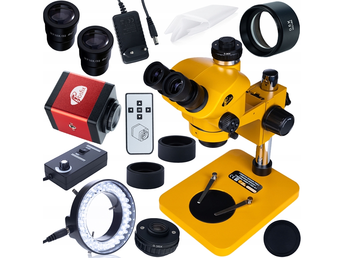 Microscopio trinocular de 7–50 aumentos y 102 mm con cámara Full HD HDMI/VGA – Inspección electrónica | Lente Barlow de 0,5 aumentos | Iluminador LED