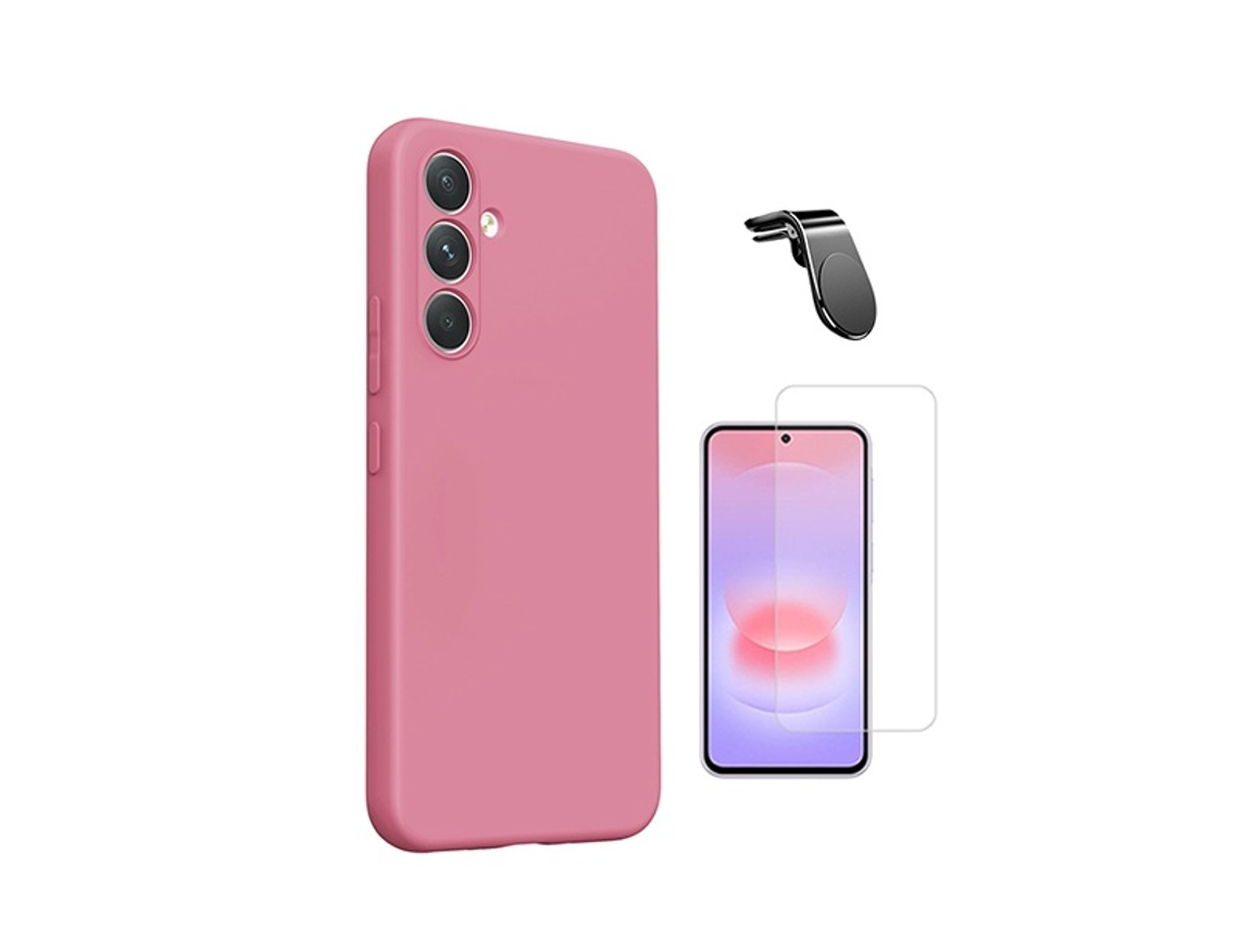 Kit Cristal Templado Clearglass Funda Silicona Líquida Soporte Magnético L Conducción Segura Phonecare Para Samsung Galaxy A27 - Rosa
