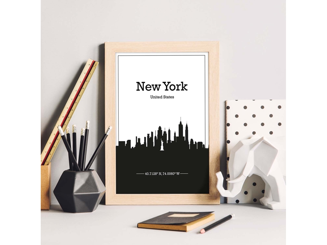 Póster NACNIC con Mapa de Newyork - Usa. Pósters con Skyline de Ciudades de Estados Unidos, Canada, Mexico con Sombra Negra.