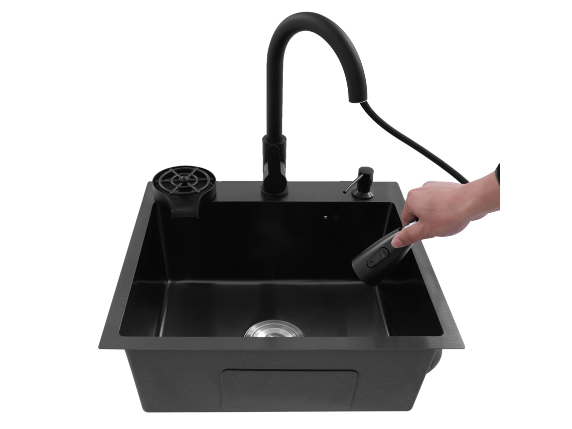 Fregadero de cocina, grifo retráctil, accesorios integrados, OEM negro