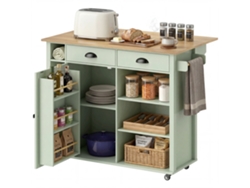Isla de cocina Vista, con encimera plegable, carrito con ruedas, 2 cajones, toallero, color verde.