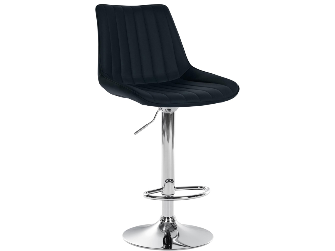 Taburete de bar X1, altura regulable, giratorio 360°, asiento de PVC negro con costuras verticales, patas metálicas con aspecto cromado, 10_0005421