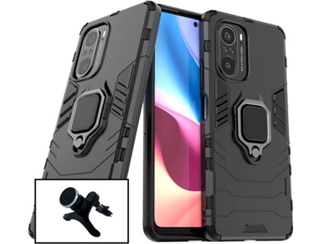 Kit Carcasa y Soporte Magnético Auto Reforzado Xiaomi Poco F3 PHONECARE Military Defender Negro