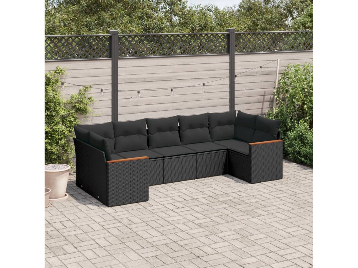 Conjunto de sofá de jardín de 7 piezas con cojines, ratán negro, Dkd Home Decor