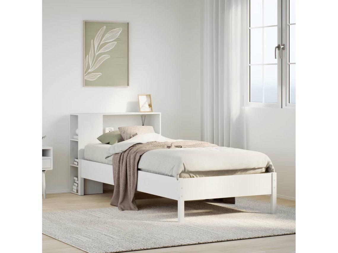 Cama Con Estantería Sin Colchón Madera Maciza Blanca 75x190 Cm