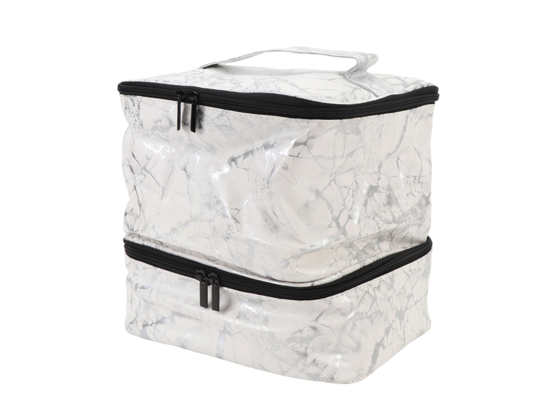 Bolsa Organizadora De Esmaltes De Uñas Con 2 Compartimentos Para 30 Frascos, Resistente Al Agua, De Pu Con Efecto Mármol Blanco.