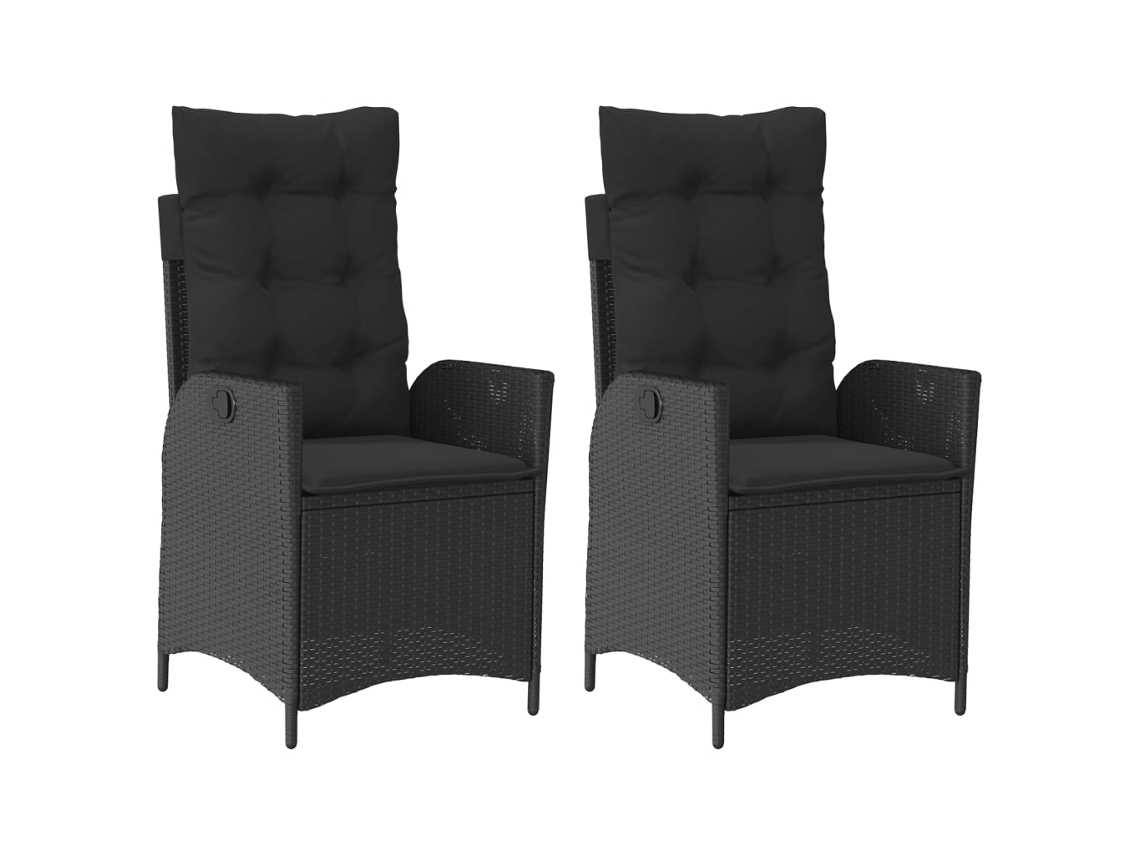 Juego de 2 sillas de jardín reclinables con cojines, mimbre, negro, EXCLUSIVA MAISON