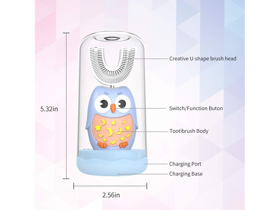 Cepillo de dientes eléctrico ZMDECQNA para niños con carga inalámbrica ultrasónico para niños con cabezal de cepillo en forma de U modelado de dibujos animados con temporizador inteligente