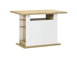 Isla de cocina para 4 personas con 4 puertas, compartimentos abiertos y estante ajustable, 110 x 70 x 75,5 cm, roble y blanco.