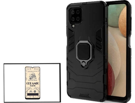 Kit Cristal Templado CeramicGlass Full Cover y Funda 3x1 Miltary Defender Samsung Galaxy M12 PHONECARE Negro