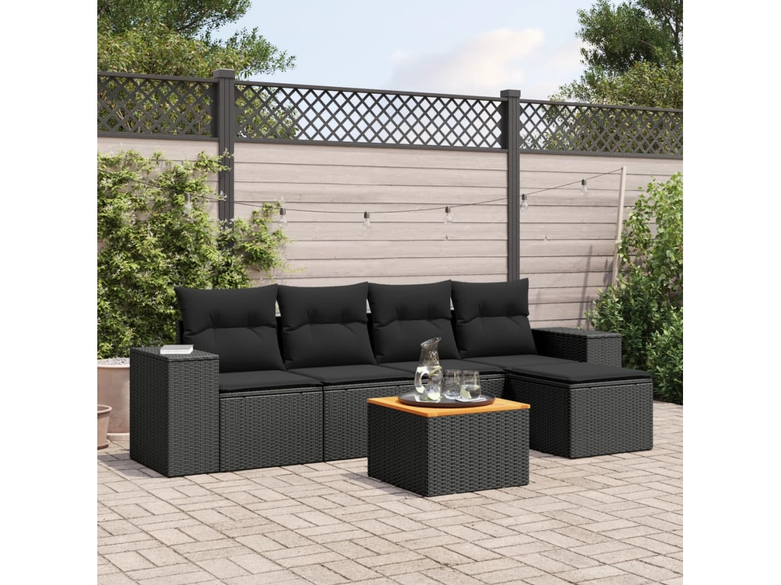 Conjunto de sofá de jardín de 6 piezas con cojines, mimbre sintético negro, DKD Home Decor