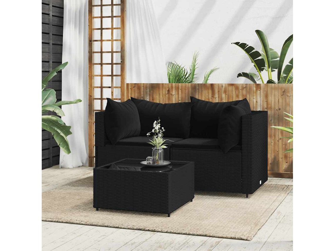 Conjunto de jardín de 3 piezas con cojines, mimbre sintético negro, DKD Home Decor