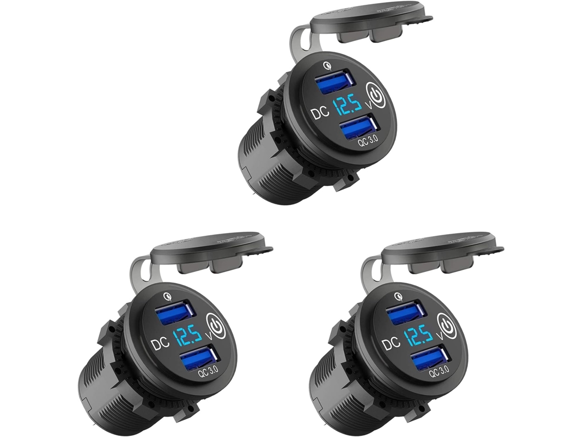 Juego De 3 Tomas De Carga Usb De 12 V. Cargador Doble Para Coche Con Interruptor De Encendido/apagado Y Voltímetro.