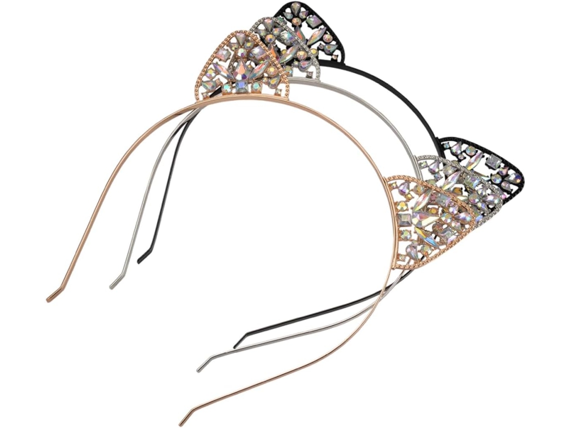 Conjunto De 3 Diademas Con Orejas De Gato Y Diamantes De Imitación Para Fiestas Y Carnavales: Ligeras Y Cómodas.
