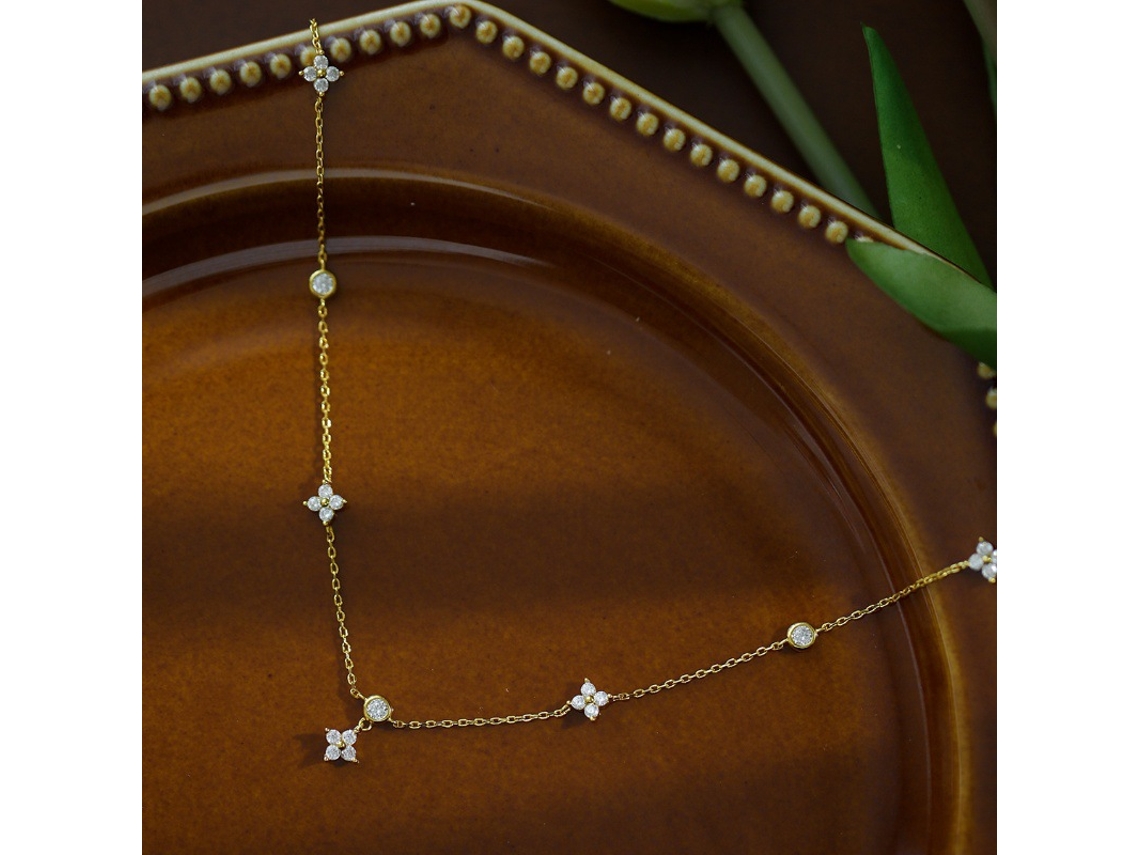 (oro) Plata De Ley 925, Collar Chanel Con Trébol De Cuatro Hojas Y Delicada Cadena Cruzada, Diseño Geométrico