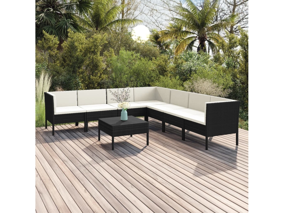 Conjunto de jardín de 8 piezas con cojines, mimbre sintético negro, DKD Home Decor