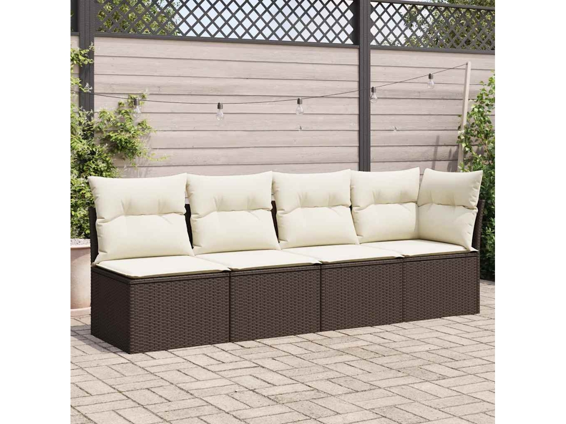 Sofá de jardín con cojines, 4 plazas, mimbre, PE, marrón, Dkd Home Decor