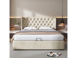 Cama Tapizada 160 X 200 - Cama Hidráulica Funcional Con Almacenamiento Y Tejido De Terciopelo - Beige