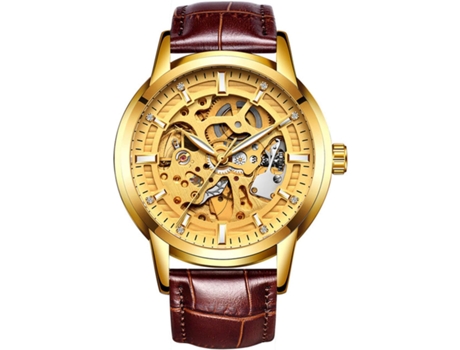 VENAXIN Relojes deportivos automáticos de cuero con esqueleto hueco para hombre-marrón dorado VEANXIN