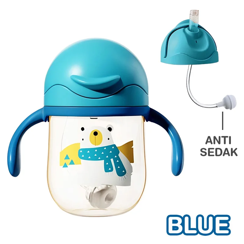 Vaso Para Bebé (azul) Con Asa, Pajita, Tapa Antipolvo Y Bola Con Peso Libre De Bpa.