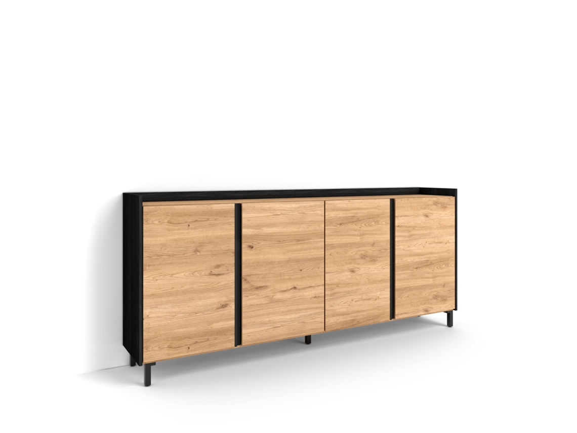 Aparador de comedor, 207x35x91cm, 4 puertas, diseño industrial, roble y negro.