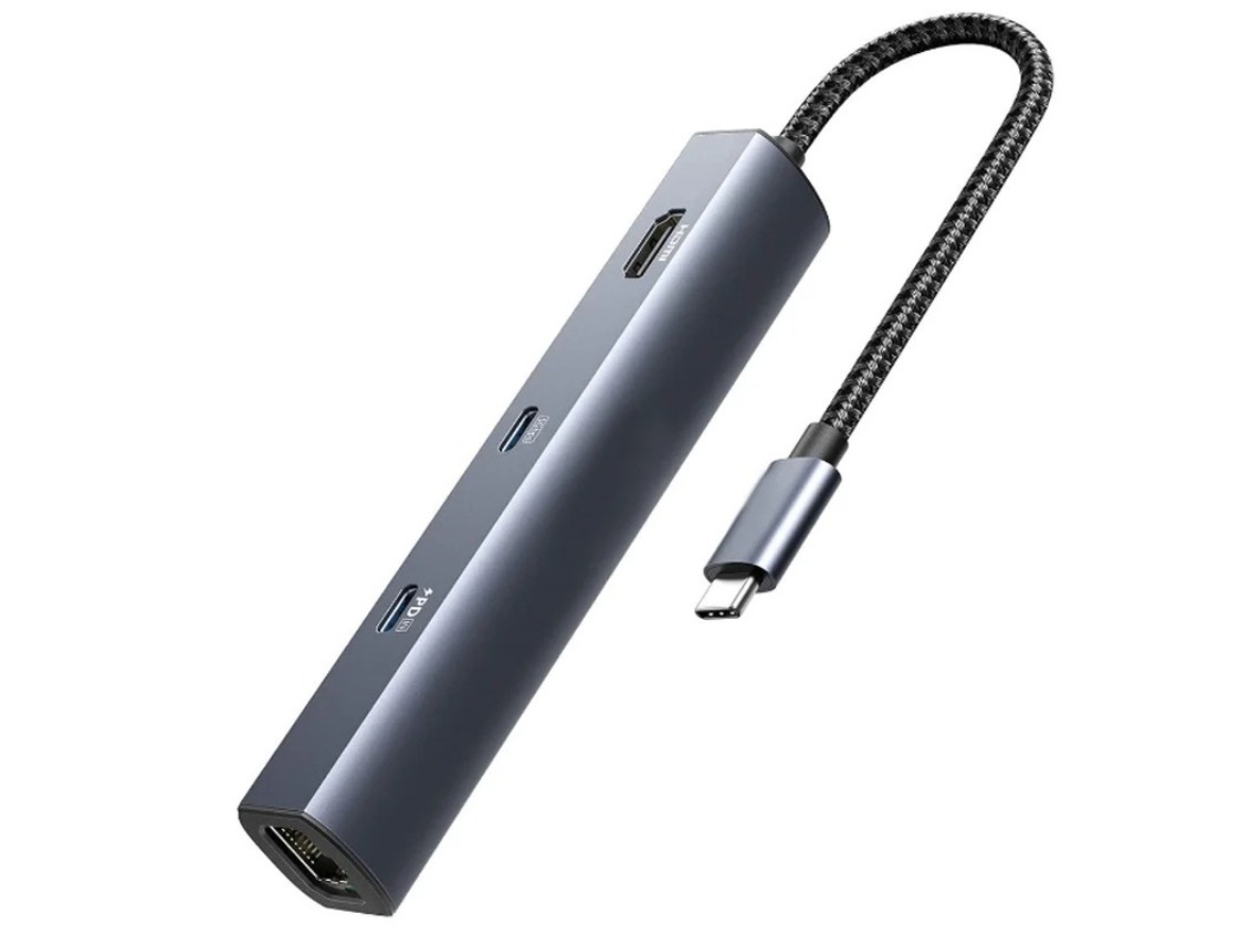 Concentrador USB C Powerexpand 6 en 1 con puerto USB C PD y suministro de potencia de 65 W, HDMI 4K, 1 Gbps, Ethernet, gris, Bestvite