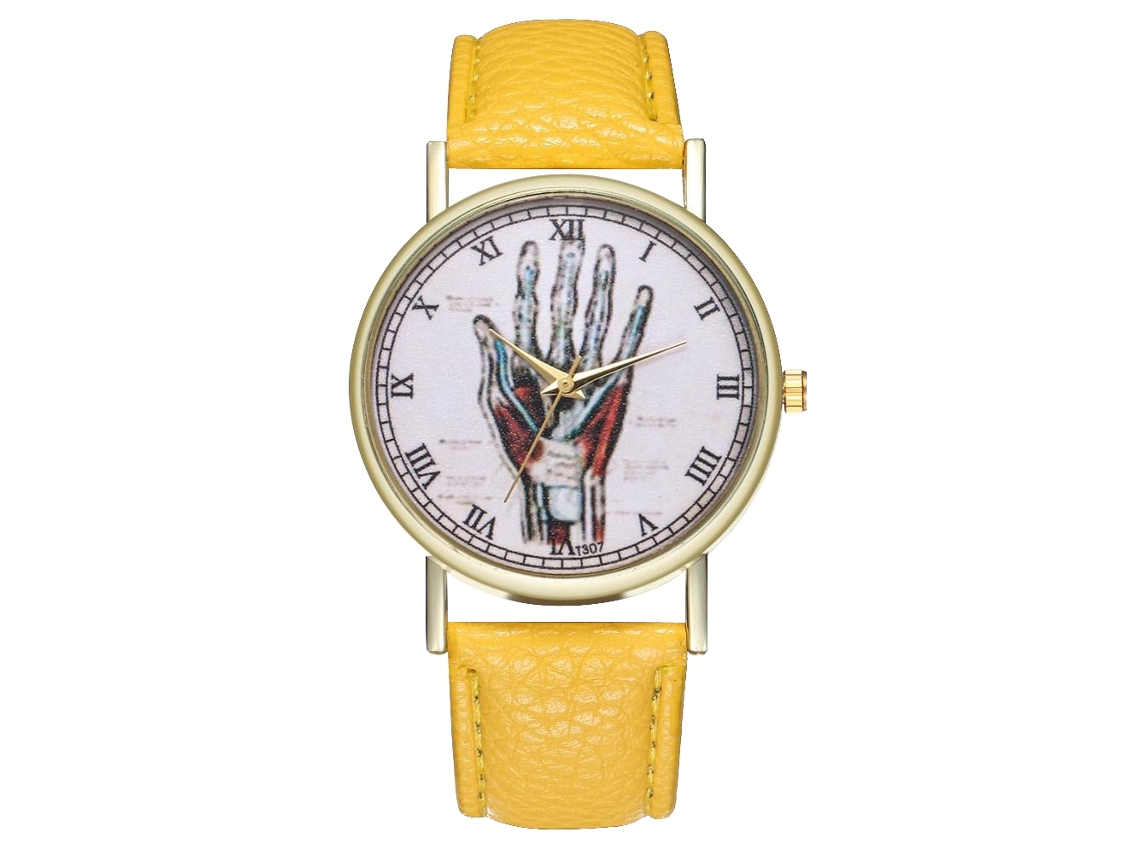Reloj De Cuarzo Casual Unisex Con Correa De Cuero Pu Dial Redondo Amarillo