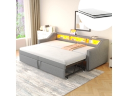 Sofá Cama Convertible 90x200-180x200cm, Led, Usb, Almacenaje Integrado, Somier De Láminas, 2 Colchones De Muelles Incluidos, Gris Claro