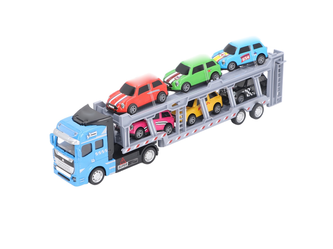 -coche Transportador De Juguete Con 6 Coches Pequeños Para Niños, Camión Portacoches Azul De Arrastre Y Desmontable