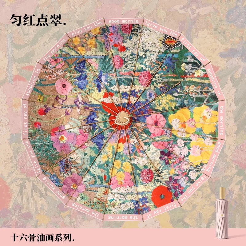 Paraguas De Mujer, Apto Tanto Para Días Soleados Como Lluviosos, Con Revestimiento De Color, Diseño Plegable De Tres Secciones Y Estampado De Pintura Al Óleo.