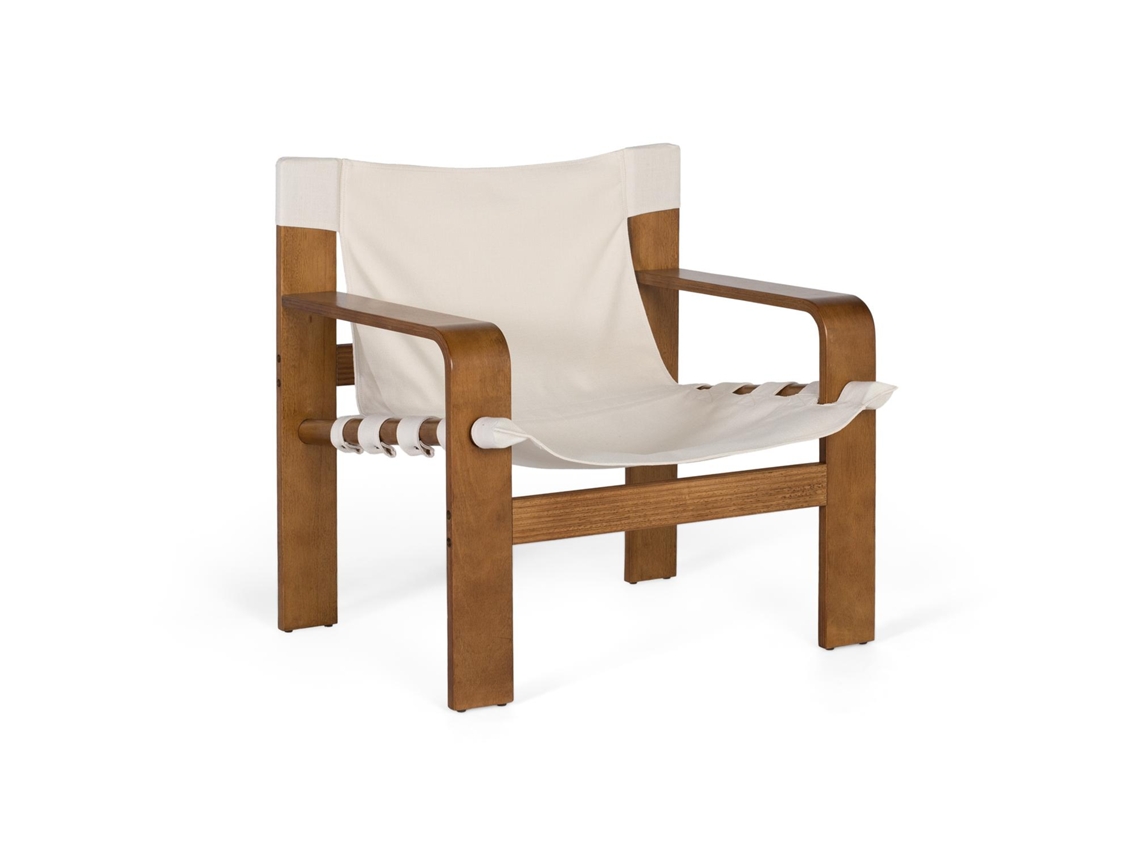Sillón contemporáneo en madera de caucho con tejido beige.