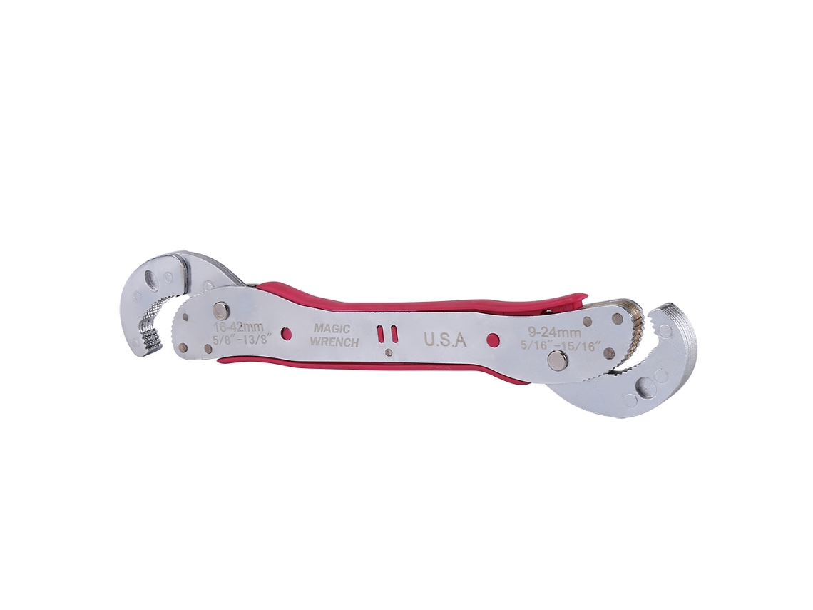 Llave Universal Ajustable Multifuncional De 9-42 Mm Para Tuercas Y Tornillos Con Mango Rojo.