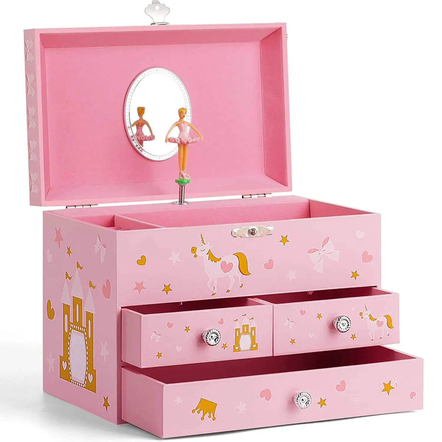 (a20x13x16 Cm) Caja De Música De Cuerda Extragrande Con Forma De Castillo De Unicornio Y Princesa, Con Tres Cajones.