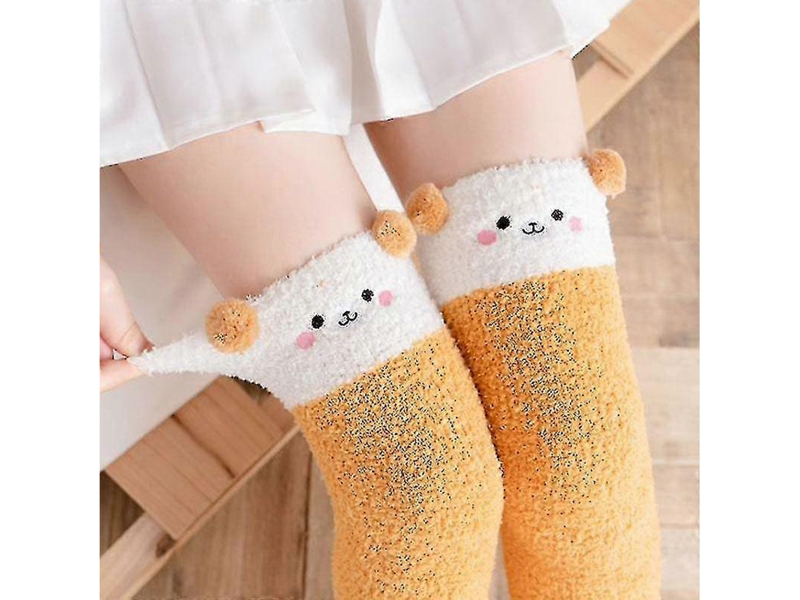 Calcetines suaves de lana coral hasta la rodilla, ideales para el invierno, para niñas y mujeres. Calcetines de rayas con estampados de animales, pelusas y dibujos animados.